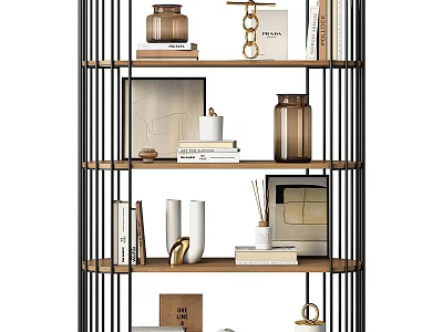 Modern Shelving Unit With Wooden Shelves Black Metal Frame And Decorative Books Vases Photo Frames 3d model