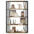 Modern Shelving Unit With Wooden Shelves Black Metal Frame And Decorative Books Vases Photo Frames