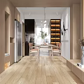 Modern Minimalist Living and Dining Room Interior With Wooden Walls Open Shelves And Cozy Lighting
