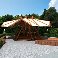 White Umbrella Shaped Pavilion With Wooden Walkway And Surrounding Green Trees On Paved Ground