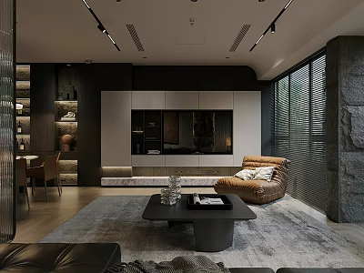 Modern Dark Style Open Plan Living And Dining Room Interior Design With Comfortable Elegant Furnishings 3d model