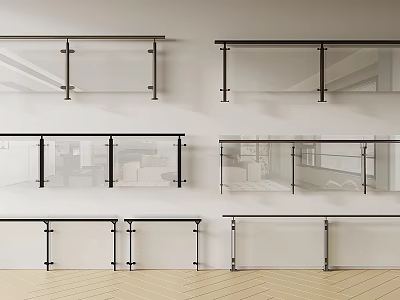 Modern Indoor Glass Railing With Black Metal Frame For Balcony And Staircase Design 3d model