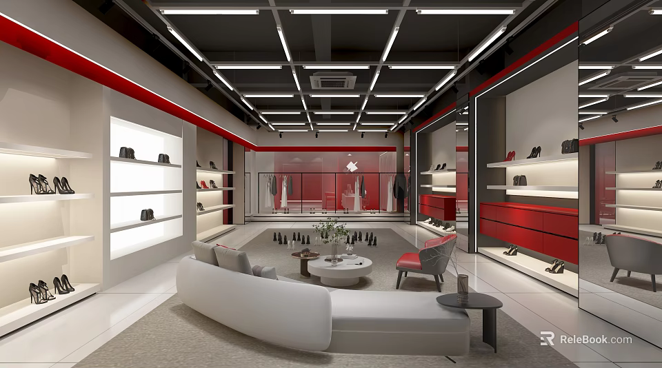 Modern Luxury Showroom Interior With White Sofa Red Accents Bags Shoes And Display Shelves 3d model 