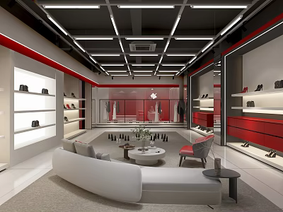 Modern Luxury Showroom Interior With White Sofa Red Accents Bags Shoes And Display Shelves 3d model