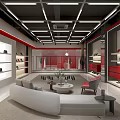 Modern Luxury Showroom Interior With White Sofa Red Accents Bags Shoes And Display Shelves