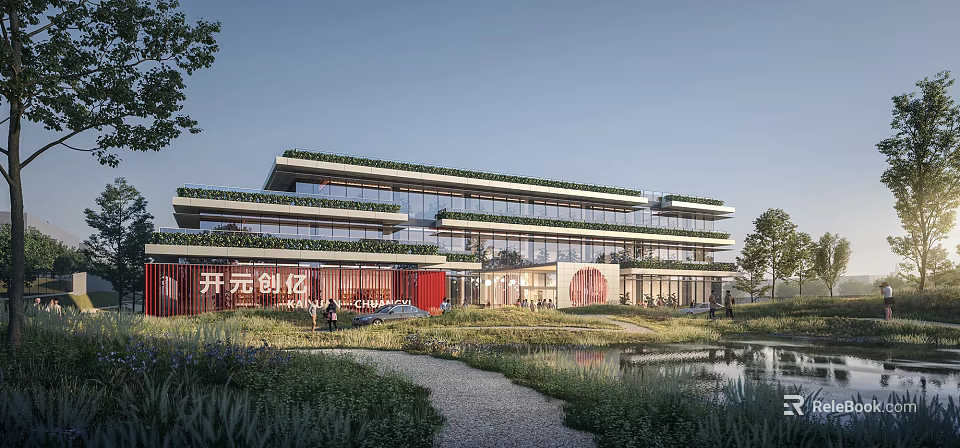 Modern Office Building Featuring Green Roof Large Glass Windows And Landscaped Pond Area 3d model 
