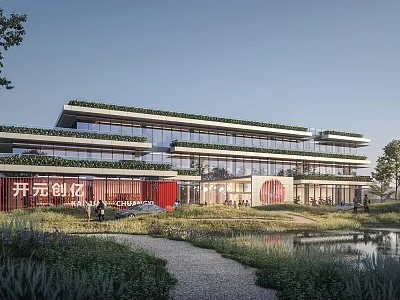Modern Office Building Featuring Green Roof Large Glass Windows And Landscaped Pond Area 3d model