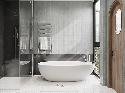 Modern Bathroom With Freestanding Tub Glass Shower And Tiled Walls 3d model