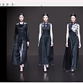 Women in elegant black cheongsam walking on fashion runway with exquisite patterns
