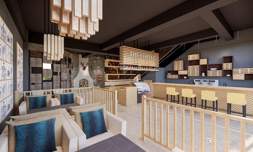 Modern Café Interior With Wooden Pendant Lights Blue Cushion Seats Stone Walls And Bar Counter 3d model 