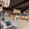 Modern Café Interior With Wooden Pendant Lights Blue Cushion Seats Stone Walls And Bar Counter