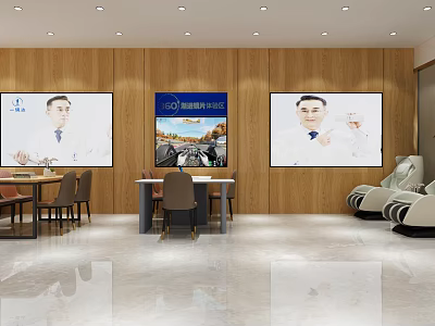 Health Product Specialty Store Interior With Display Screens Wooden Walls And Customer Seating 3d model