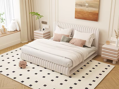 Cozy Kids Bed With White Upholstered Frame Soft Pastel Pillows And Checkered Rug 3d model
