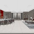Modern Luxurious Private Dining Room Interior With Round Table Sofa And Red Wall 3d model