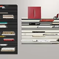 Modern Black Bookshelf Display With Organized Books And Decorative Items