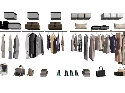 Stylish Hanging Clothes Display With Bags Shoes Storage Boxes And Shelves 3d model