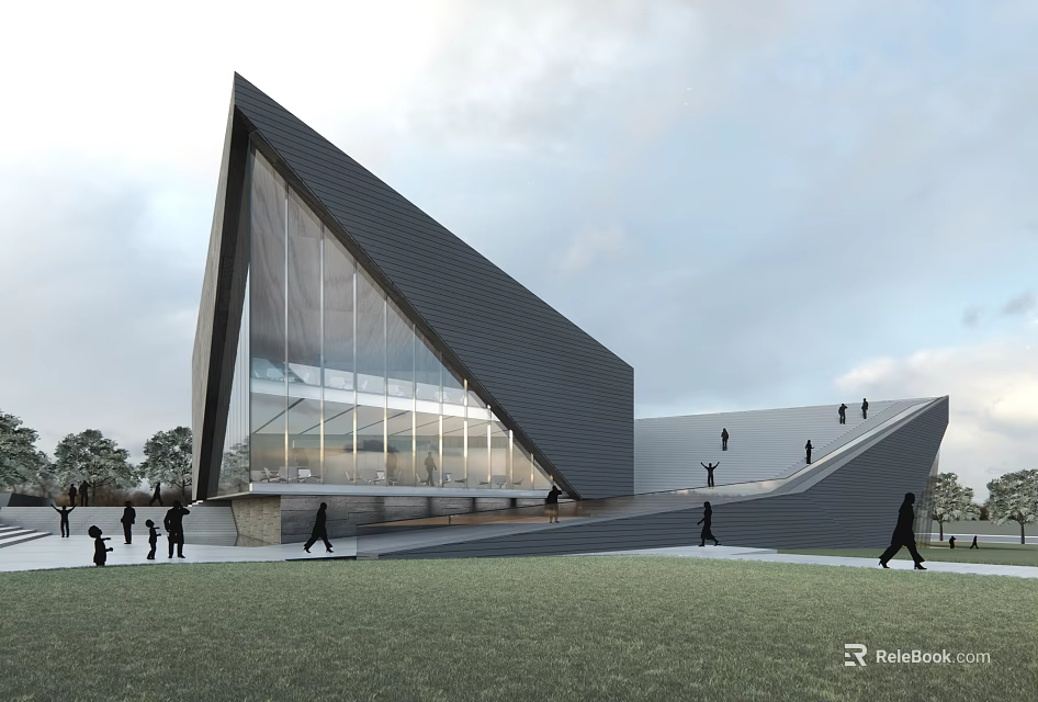 Modern Museum Building With Geometric Facade And Glass Curtain Wall Surrounded By Grassland And People 3d model 
