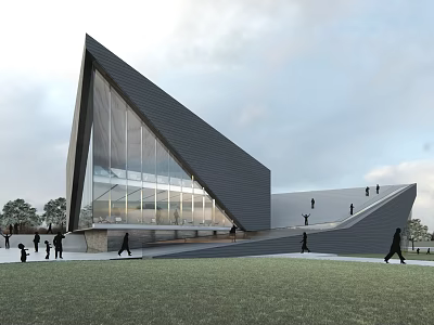 Modern Museum Building With Geometric Facade And Glass Curtain Wall Surrounded By Grassland And People 3d model