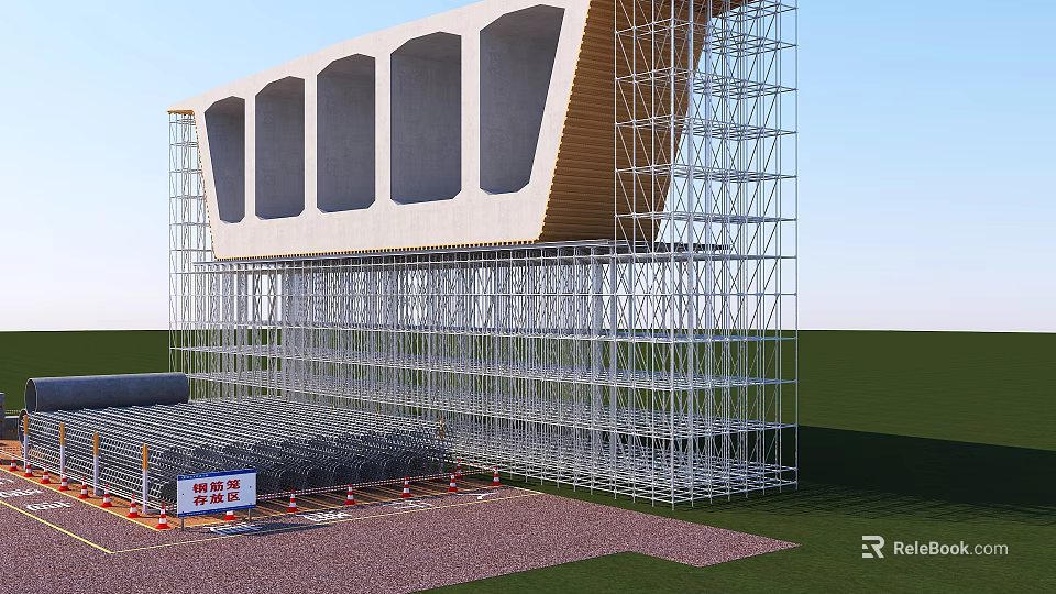 Construction Site With Scaffolding Supporting Modern Building Under Construction With Arched Openings 3d model 