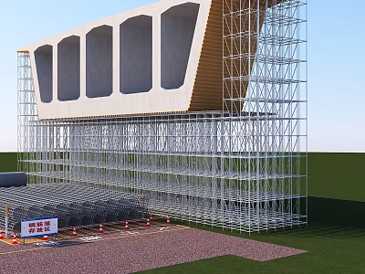 Construction Site With Scaffolding Supporting Modern Building Under Construction With Arched Openings 3d model