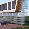Construction Site With Scaffolding Supporting Modern Building Under Construction With Arched Openings 3d model
