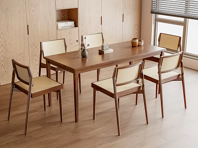 Natural Wooden Dining Table Set With Upholstered Chairs And Bright Interior Wooden Elements 3d model