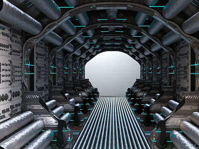 Cartoon Sci Fi Spaceship Interior With Metallic Pipes Blue Lights And Symmetric Seats 3d model