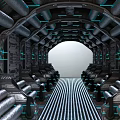 Cartoon Sci Fi Spaceship Interior With Metallic Pipes Blue Lights And Symmetric Seats