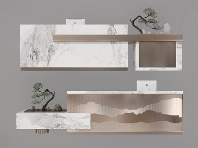 Modern Reception Desk Design With Marble Top Wooden Frame And Decorative Pine Tree Mountain Pattern 3d model