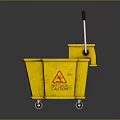 Yellow Mop Bucket With Caution Sign Wheels And Mop Handle For Cleaning