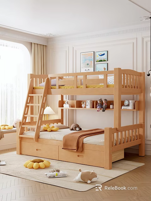 Wooden Bunk Bed with Ladder Storage Drawers and Shelves Featuring Stuffed Toys in Bright Room 3d model 