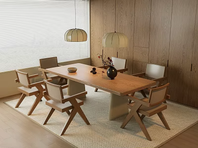Dining Table Set With Wooden Top Six Chairs Hanging Lights Wooden Wall And Window Blinds 3d model