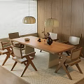 Dining Table Set With Wooden Top Six Chairs Hanging Lights Wooden Wall And Window Blinds