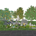 Garden Arbor Trees with Yellow Red Fruits Green Leaves Grassland Stones Decorations and Small Animals