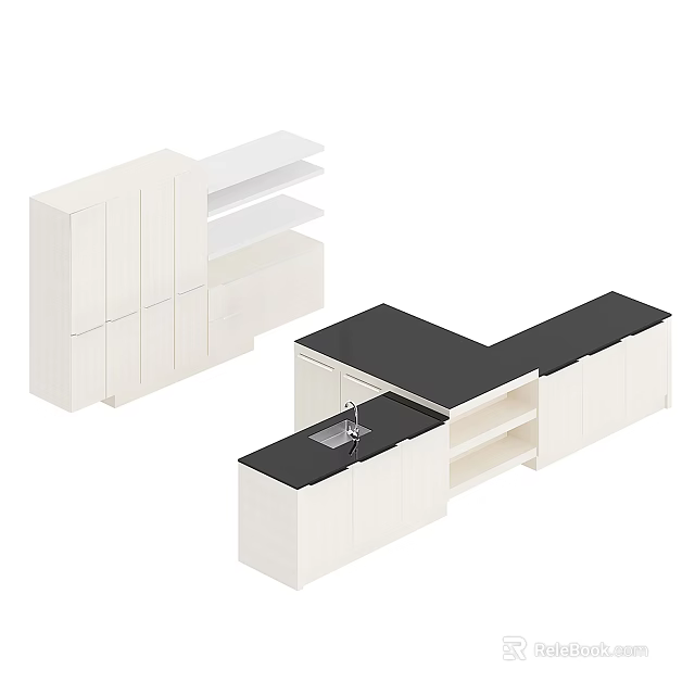 Modern White Kitchen Cabinets With Black Countertop And Open Shelves 3d model