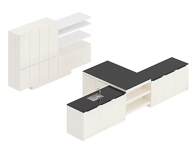 Modern White Kitchen Cabinets With Black Countertop And Open Shelves 3d model