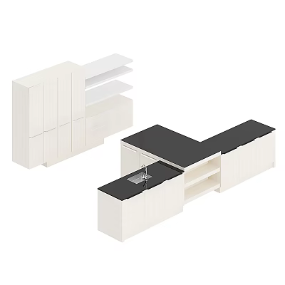 Modern White Kitchen Cabinets With Black Countertop And Open Shelves 3d model