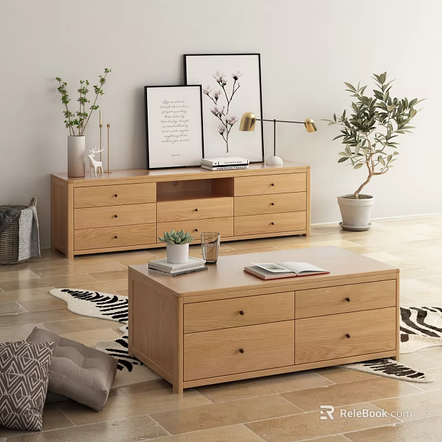 Wooden TV Stand With Drawers In Living Room Decorative Painting And Plant 3d model 