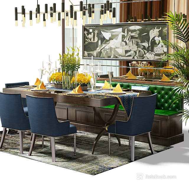Elegant Dining Table Set Featuring Blue Chairs Green Bench And Yellow Flowers 3d model