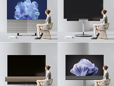 A Woman Sitting On Chair Watching Television With Abstract Blue Flower Screen 3d model
