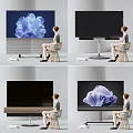 A Woman Sitting On Chair Watching Television With Abstract Blue Flower Screen