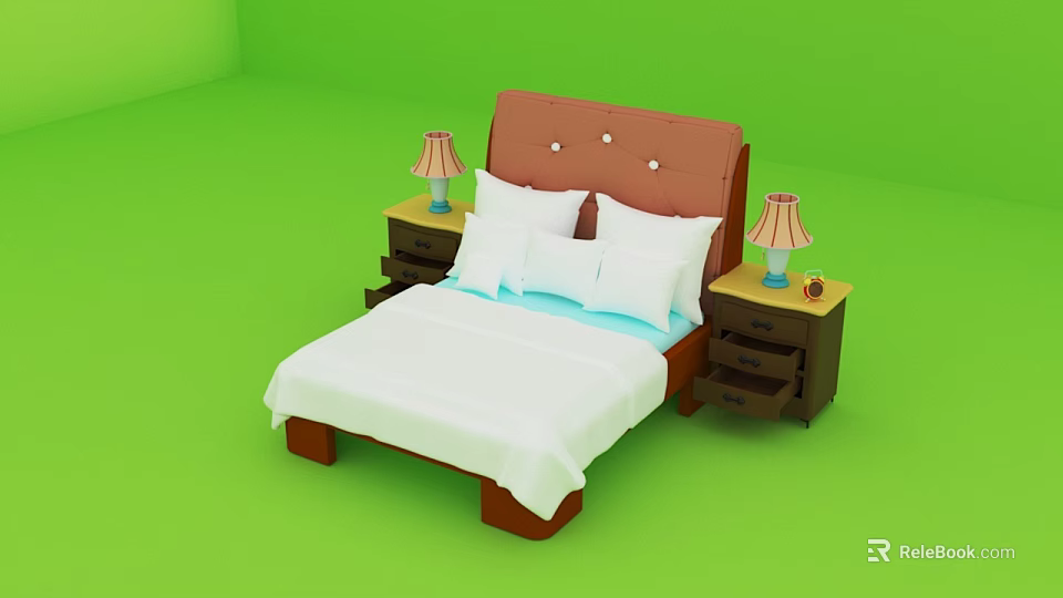 Comfortable Double Bed With Brown Headboard White Sheets Light Blue Pillows And Bedside Table Lamps 3d model