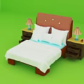 Comfortable Double Bed With Brown Headboard White Sheets Light Blue Pillows And Bedside Table Lamps 3d model