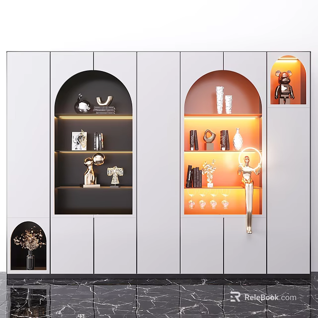 Modern Style Decorative Cabinet With Arched Open Shelves And Decorative Items 3d model 