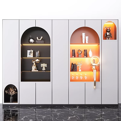 Modern Style Decorative Cabinet With Arched Open Shelves And Decorative Items 3d model