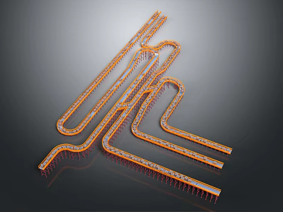Industrial Conveyor System Featuring Orange Curved Tracks And Multiple Paths For Material Handling 3d model