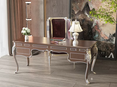 Elegant Wooden Desk With Carved Legs Table Lamp Books And Vase With Flowers 3d model