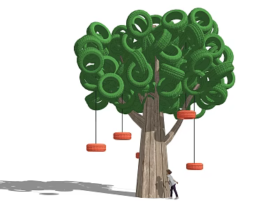 Green Tires Forming Tree Shaped Sculpture with Wooden Trunk Red Swings and Child Standing Beside 3d model