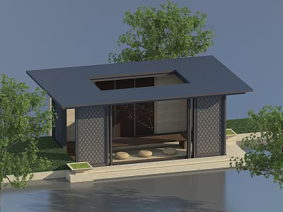 Modern Waterfront Pergola Design With Dark Roof Geometric Lattice And Green Trees 3d model
