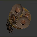 Artistic Mechanical Sculpture With Metallic Gears Floral Design And Golden Base
